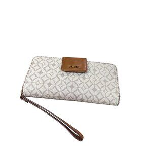 Fossil Womens Tan Patterned Leather Zip Wallet card holder SKU 8759